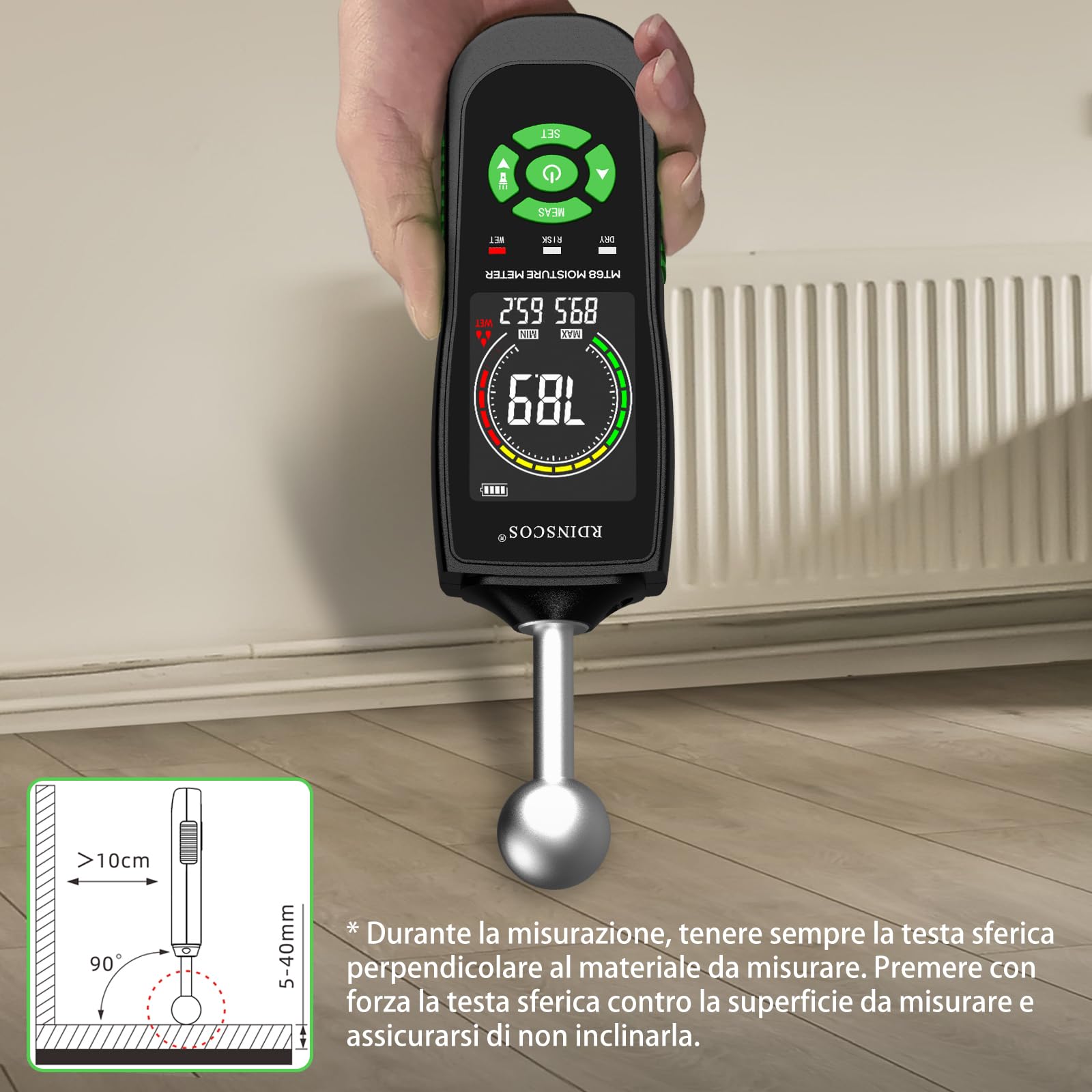 Misuratore Umidità Muri, RDINSCOS Rilevatori Di Umidità Igrometro Professionale Senza Ago con Funzione di Allarme Analisi Della Profondità di 5-40 mm,per Parete, Legno,Intonaco,Muratura (MT68)