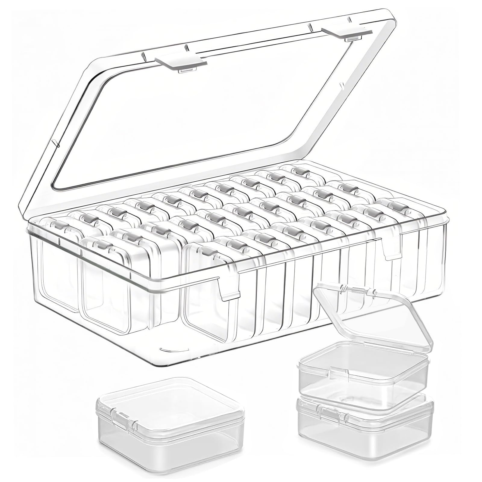 NLONLL 30 Piezas Cajas Almacenaje Plastico Pequeñas con Tapa Cajitas Organizadoras de Cuentas Transparente 5,5 x 5,5 x 2 cm y 1 Piezas Caja de Almacenamiento Grande para Joyas, manualidades