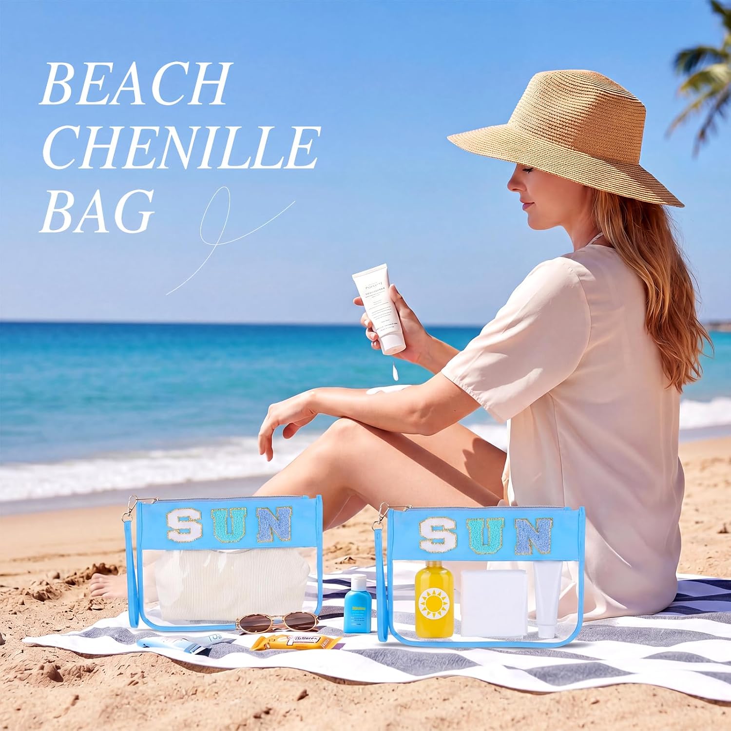 Kacctyen 6 Pcs Sun Bags Chenille Letter Clear Makeup Bag with Zipper Waterproof Cosmetic Toiletry Pouch with Handle Gym Travel Summer Gifts for Women Girls(Blue, SUN)