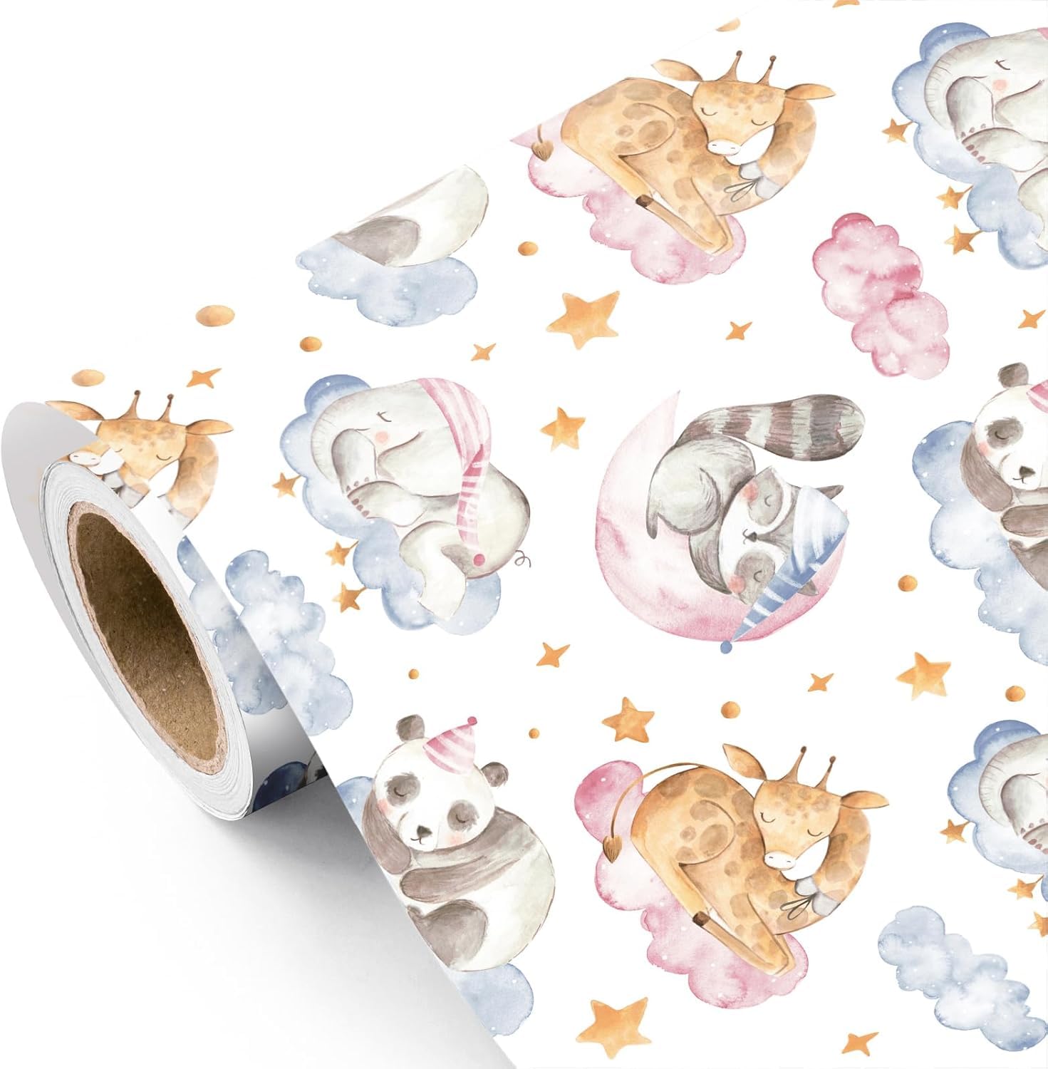 RUSPEPA Baby Shower Wrapping Paper Roll - Mini Roll - 43.2cm x 5m - Cute Giraffe Panda Elephant Sleeping Animal Wrapping Paper for Boys Girls Birthday, Baby Shower