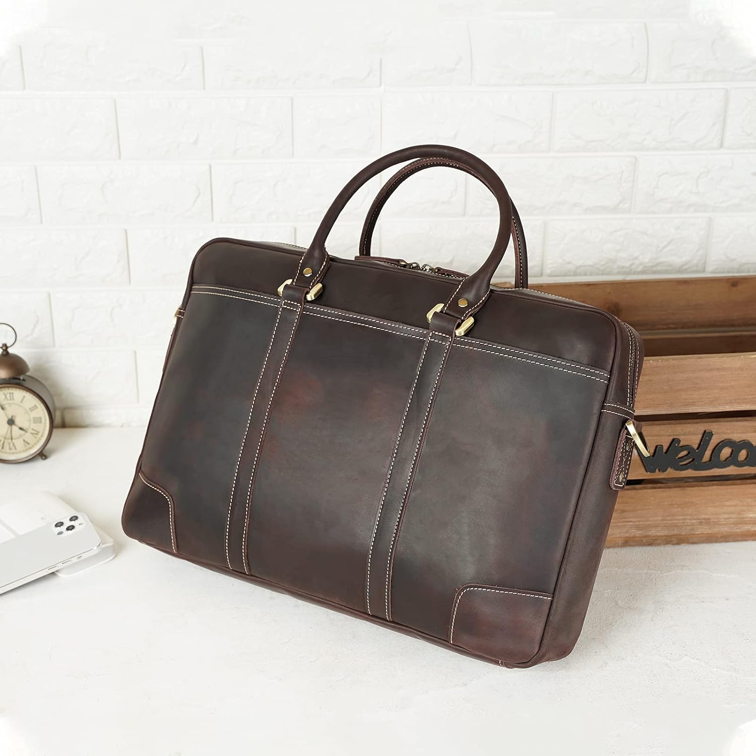 Free Shipping Over $50 Polare Full Grain Leather 18.5'' Laptop Office Briefcase Messenger Bag For Men Fit up to 17'' Laptop