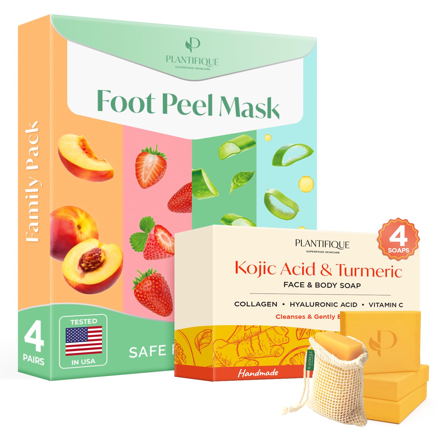 PLANTIFIQUE Foot Peeling Mask 4 Pack and Kojic Acid Soap for Hyperpigmentation 320g