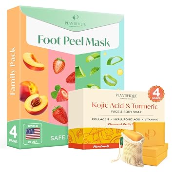 PLANTIFIQUE Foot Peeling Mask 4 Pack and Kojic Acid Soap for Hyperpigmentation 320g