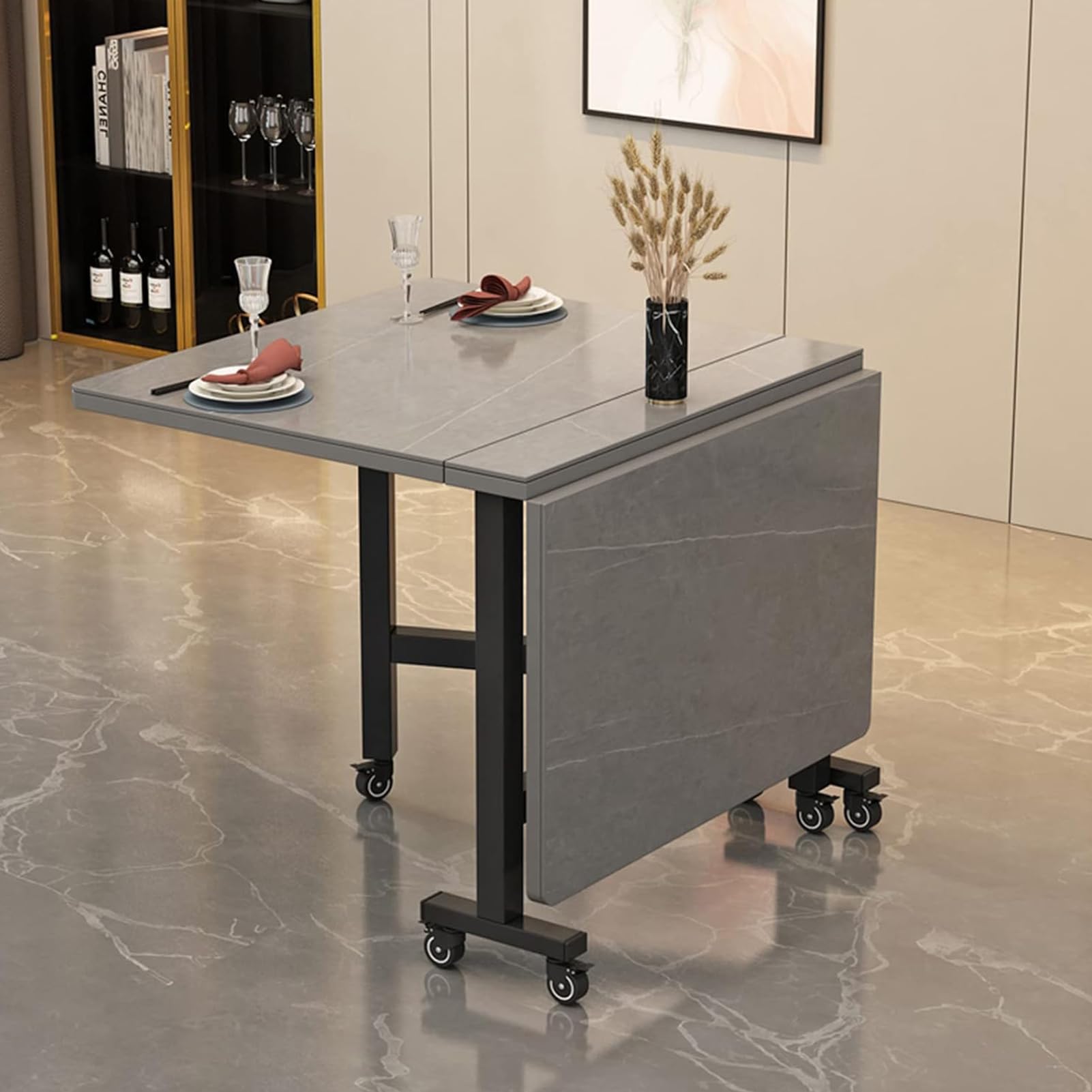 Table de salle à manger extensible avec 6 roulettes – Table de salle à manger en ardoise peu encombrante pour une utilisation polyvalente