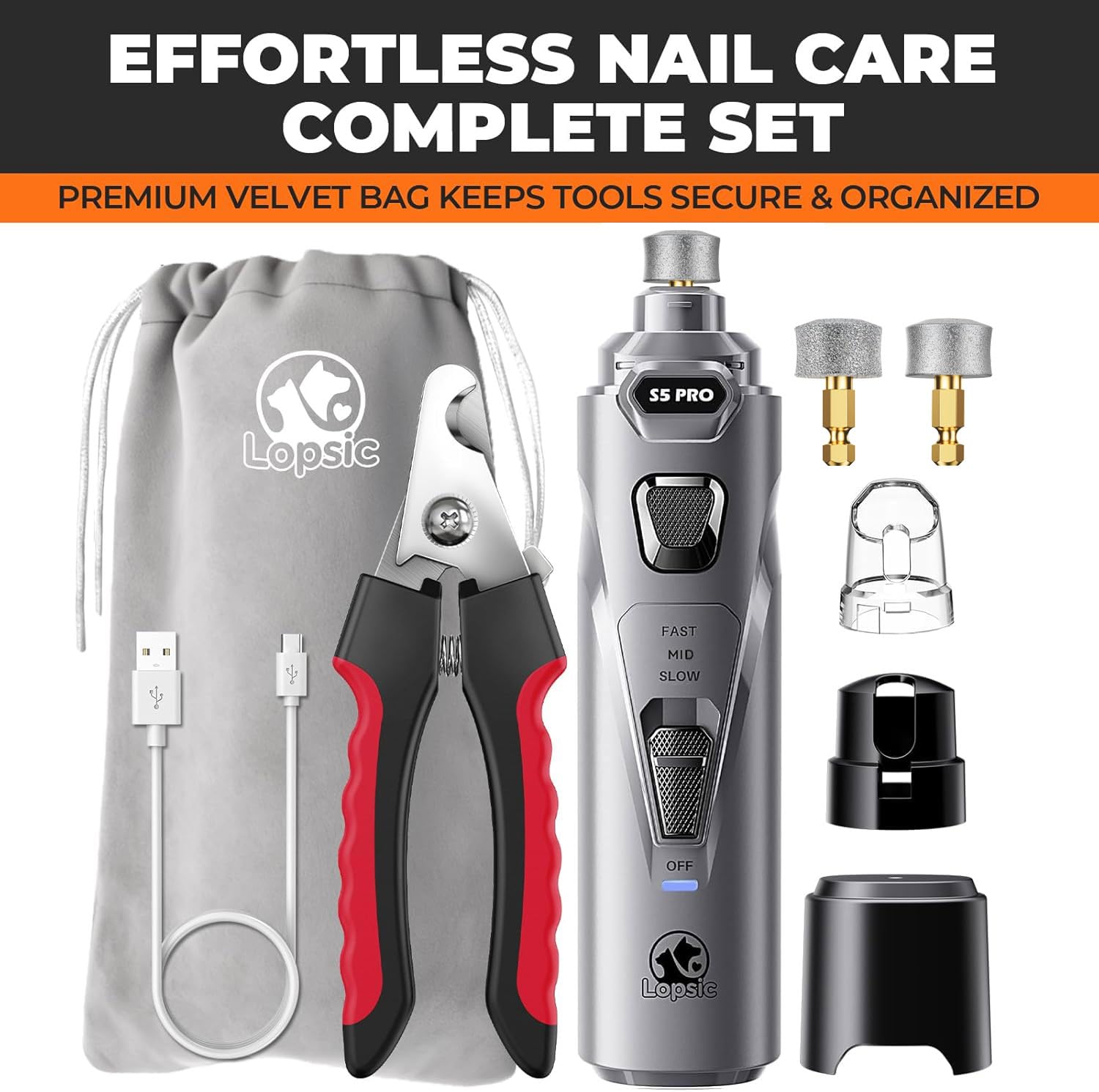 Broyeur à ongles pour chien avec 2 lumières LED, puissant, 2 vitesses, super silencieux, avec 3 roues de meulage, coupe-ongles rechargeable pour animaux de compagnie pour chiens de grande et moyenne