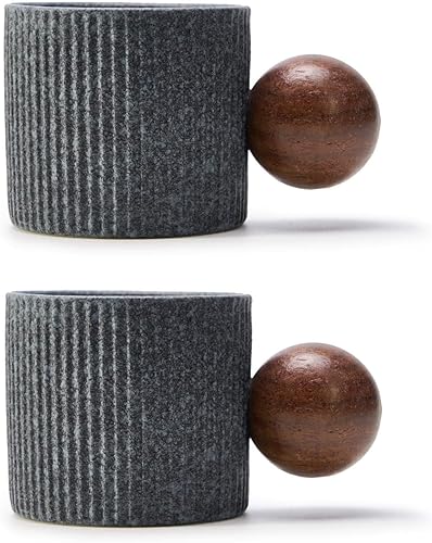 Miniatura 13 de Mini tazas de cerámica para café expreso, tazas Demitasse con mango redondo de madera, rayas verticales, tazas de té (negro/blanco, 2 unidades)