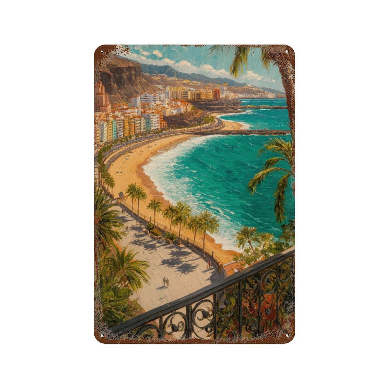 xiaoxiaoshen Los Cristianos Tenerife Spain Oil Painting Travel Beach Bay Wall Decor Art Metal Tin Poster Modern Home Decor Art Home Bar Shop Decorations Vintage Sign 30x20cm