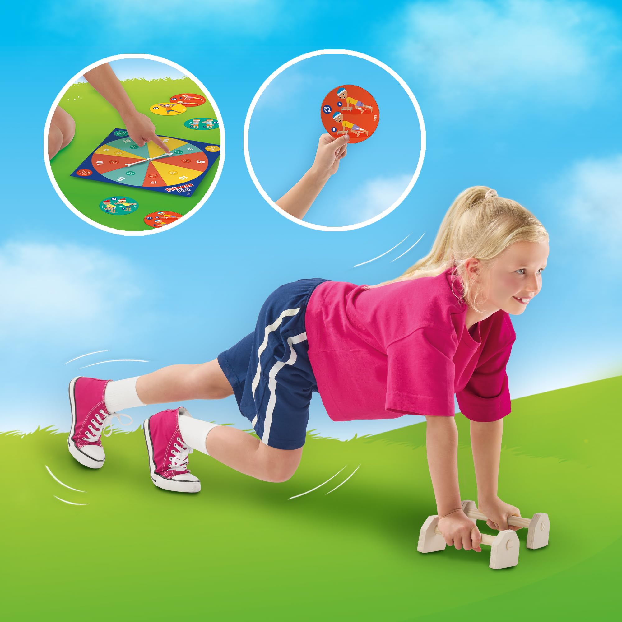 Ses Creative – Fitness et Plaisir – Exercices de Force, d'équilibre et de Mouvement – ​​Exercices de Gymnastique – avec haltères et parallettes – Jeu Actif en Plein air