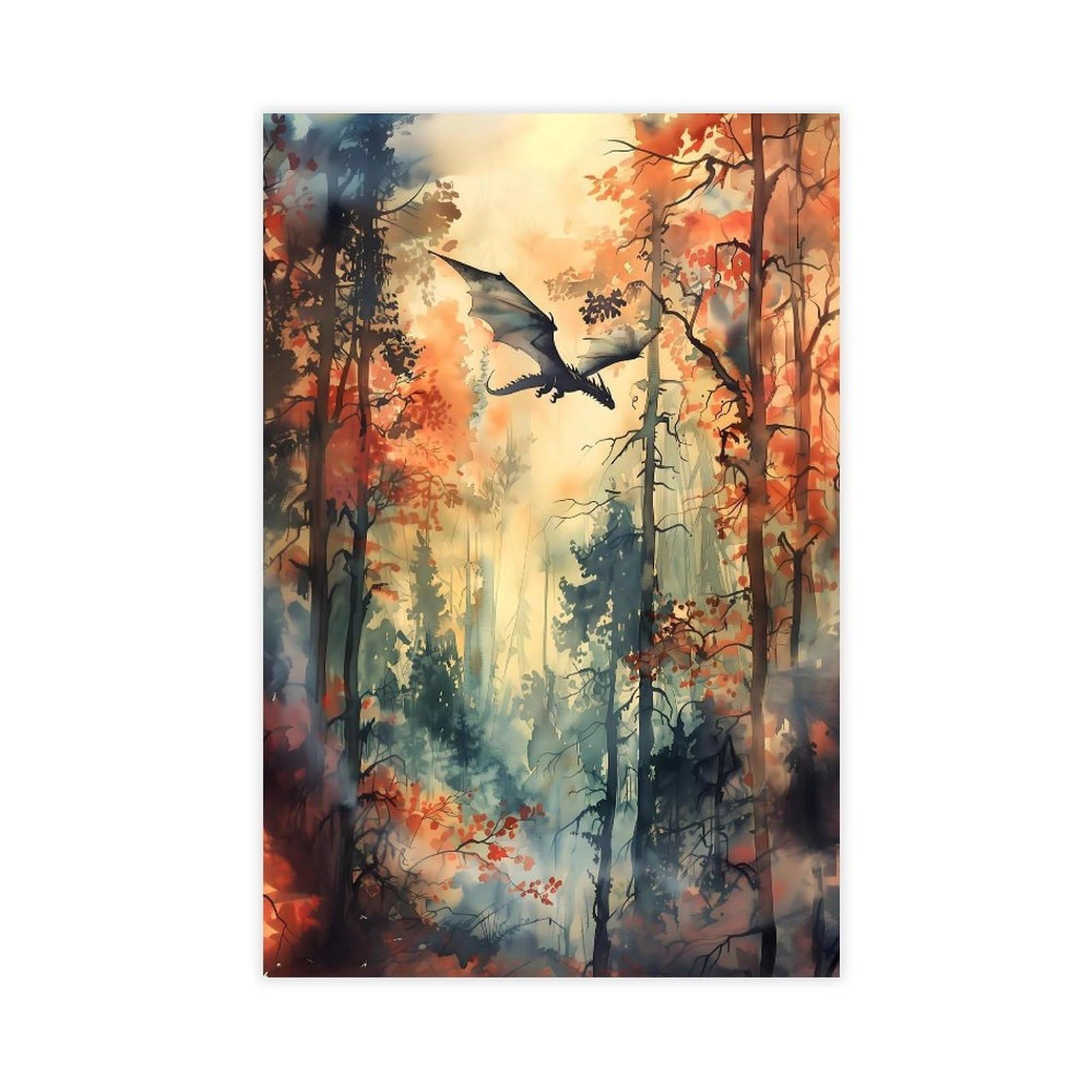 Bareronor Forest Dragon Watercolor Art (2) Canvas Poster Bedroom Decor Landscape Office Room Decor Gift 12" L X 18" W