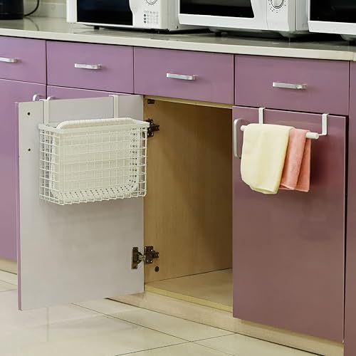 Miniatura 3 de uxcell Paquete de 2 organizadores de puerta de gabinete, organizador de tabla de cortar con barra de toalla, cestas de alambre de metal con ganchos,