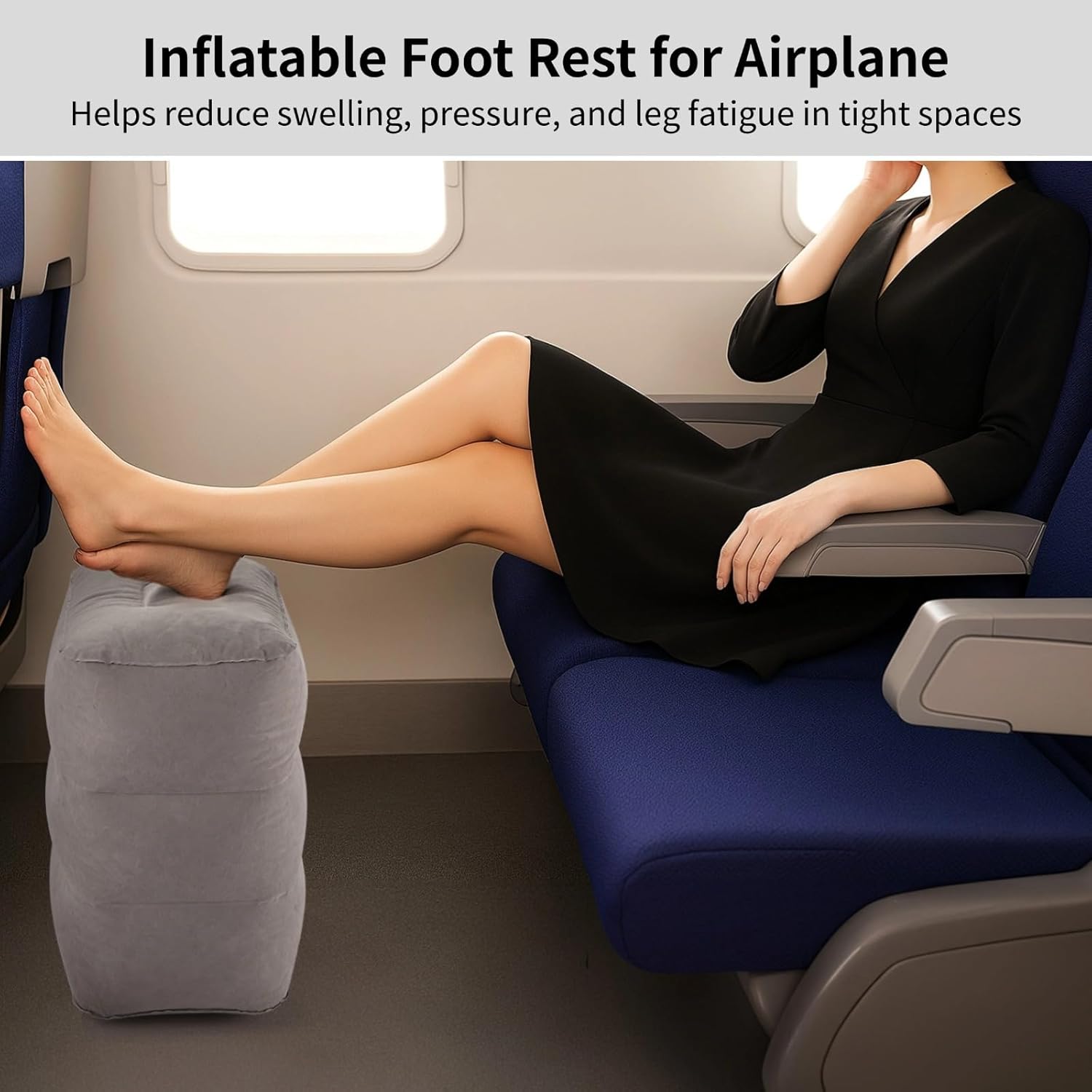 Inflatable Foot Rest Pillow for Air Travel, Adjustable Height Portable Leg Pillow Bed for Kids and Toddlers, Travel Foorest Pillow for Airplanes, Cars, Trains, Office (Grey) - Image 2