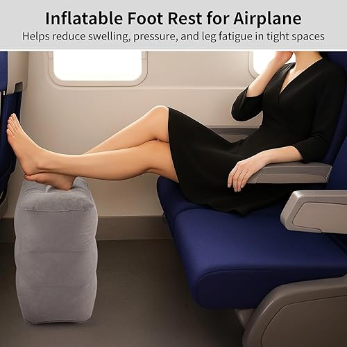 Miniatura 2 de Reposapiés inflable para avión, 3 alturas ajustables, reposapiés de viaje de PVC con superficie de flocado, reposapiés portátil para pequeños y