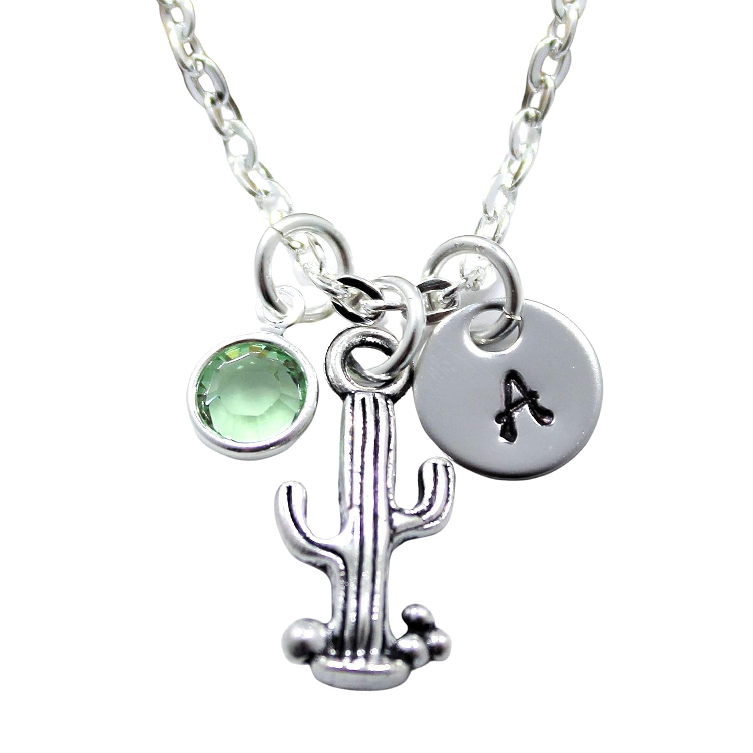 Cactus Necklace - Cute Small Silver Cactus Jewelry for Women and Girls - Cactus Themed Birthday Gift Ideas - Personalized Birthstone, Initial, & Chain Length