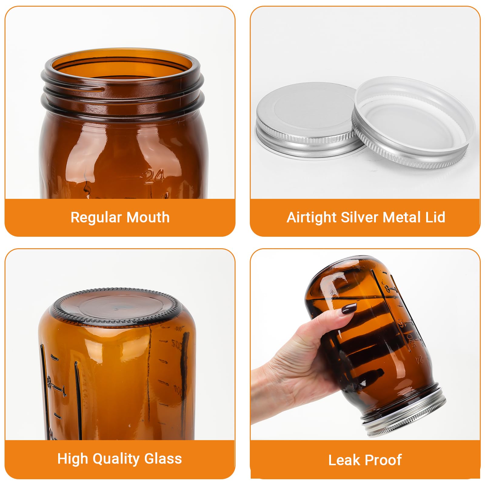 DHSBTLS Tarros de vidrio de 32 onzas, paquete de 6 tarros de vidrio ámbar de boca ancha con tapas y bandas de aluminio plateado, tarros herméticos para almacenamiento de alimentos, enlatado, avena