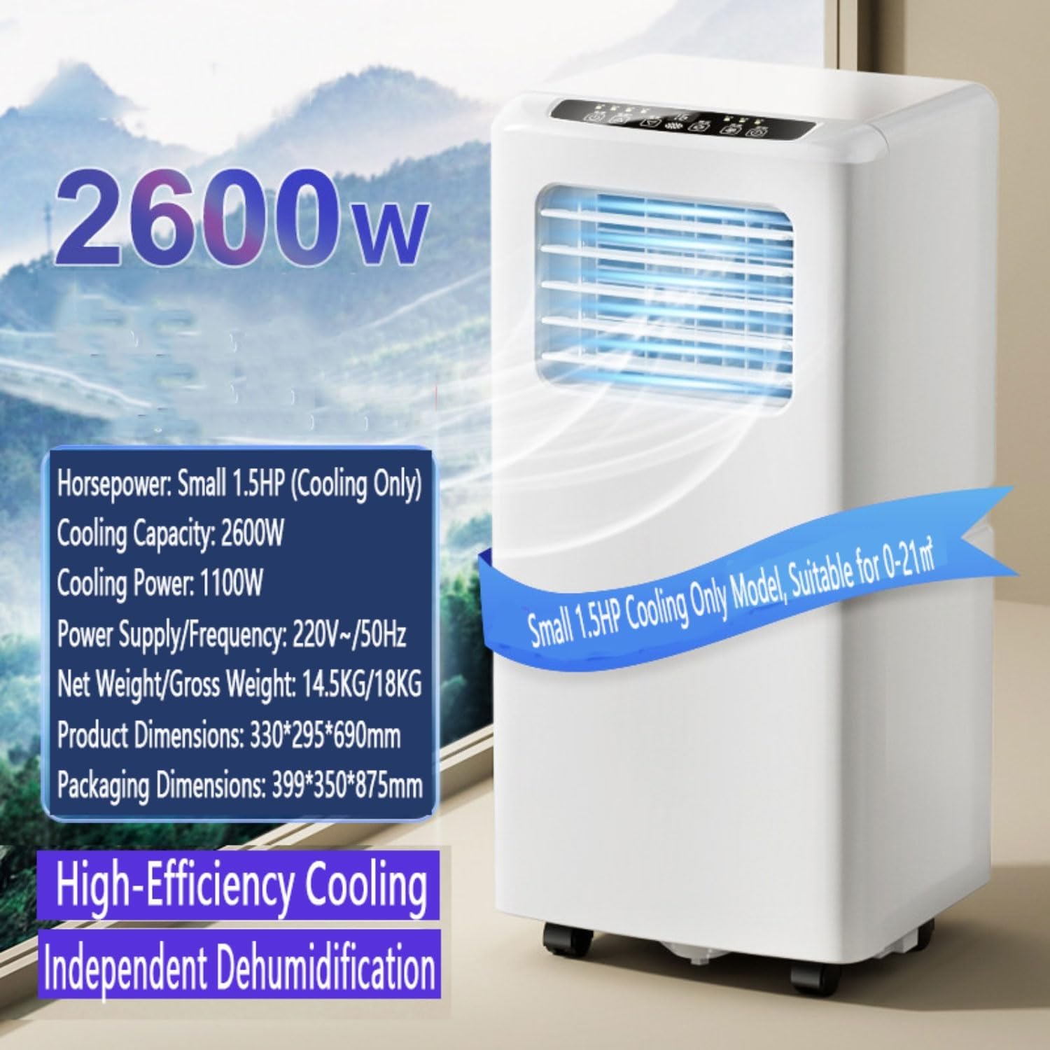 Condizionatore Portatile Intelligente Con Raffreddamento, | Deumidificatore e telecomando del ventilatore, timer 24 ore, kit for finestre, nessuna parete richiesta(2600W)