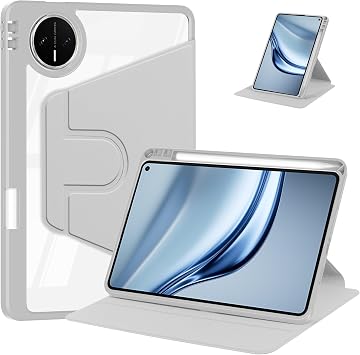 Rotating Case for Huawei MatePad Mini Android 8. Inch with Pencil Holder, Clear Hard Back Cover, 360 Stand & Auto Wake/SleepGrey