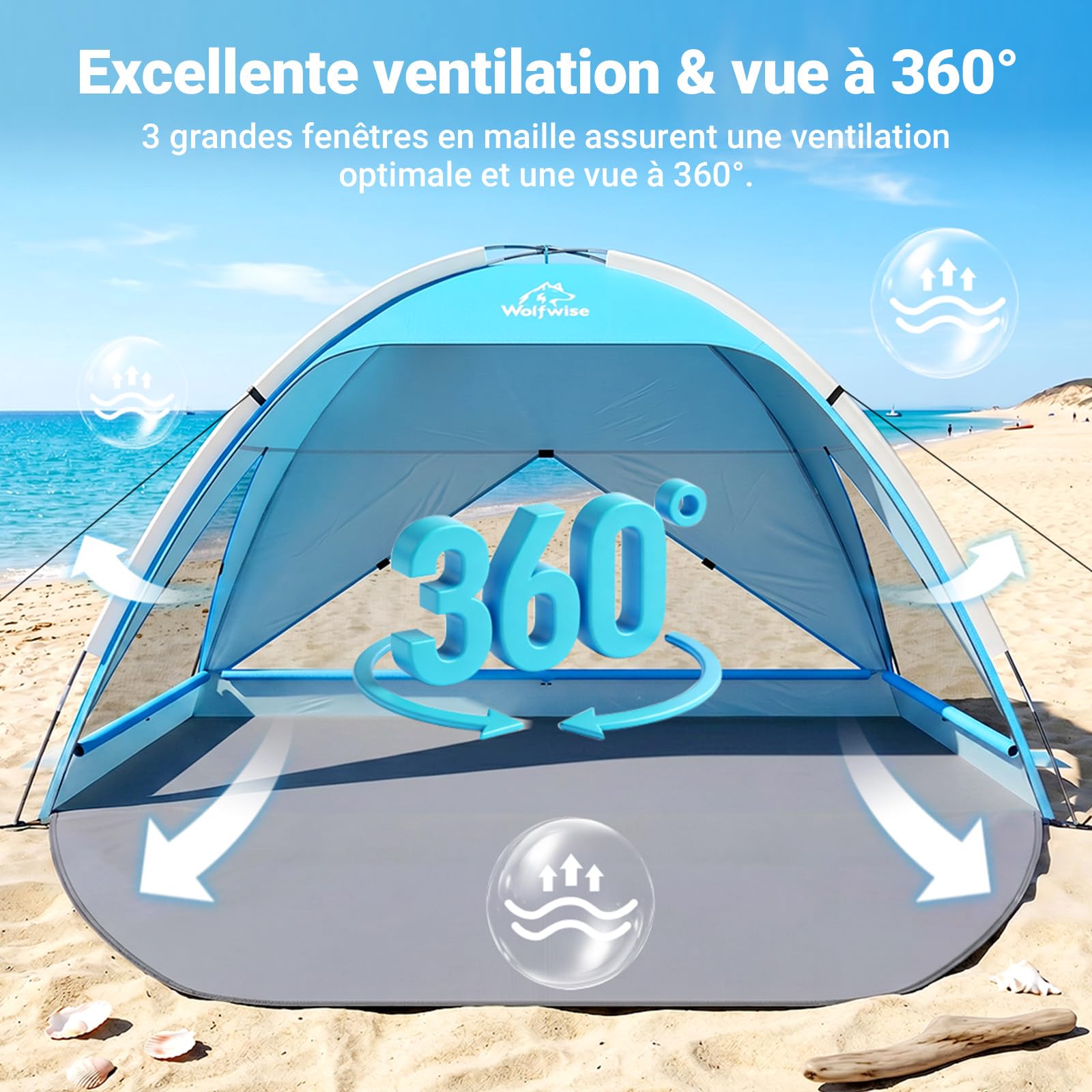 Wolfwise Tente de Plage UPF 50+ pour Famille, Abri Solaire Anti-UV avec 3 Fenêtres Ventilées, Plancher Extensible et Sac de Transport, Capacité 4 Personnes, Bleu