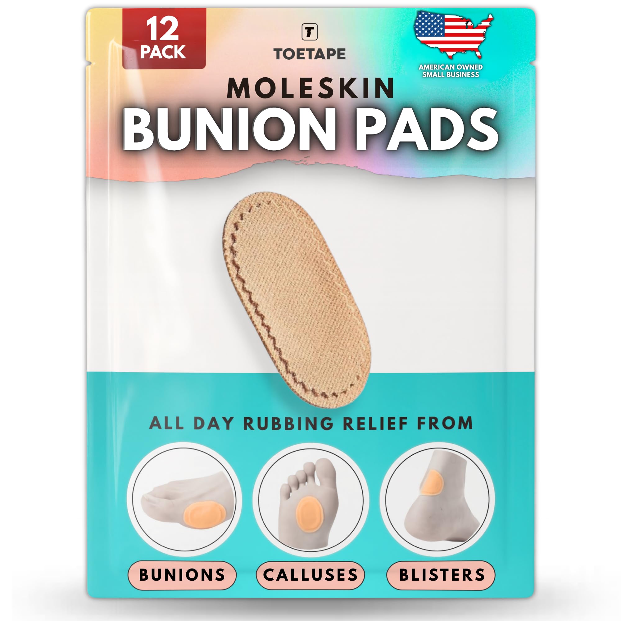 Bunion Pads (12 Pack) - Adhesive Moleskin Blister Prevention Pads - Mole Skin Tape Stickers for Bunions Feet Heel Shoes Padding - Water Resistant