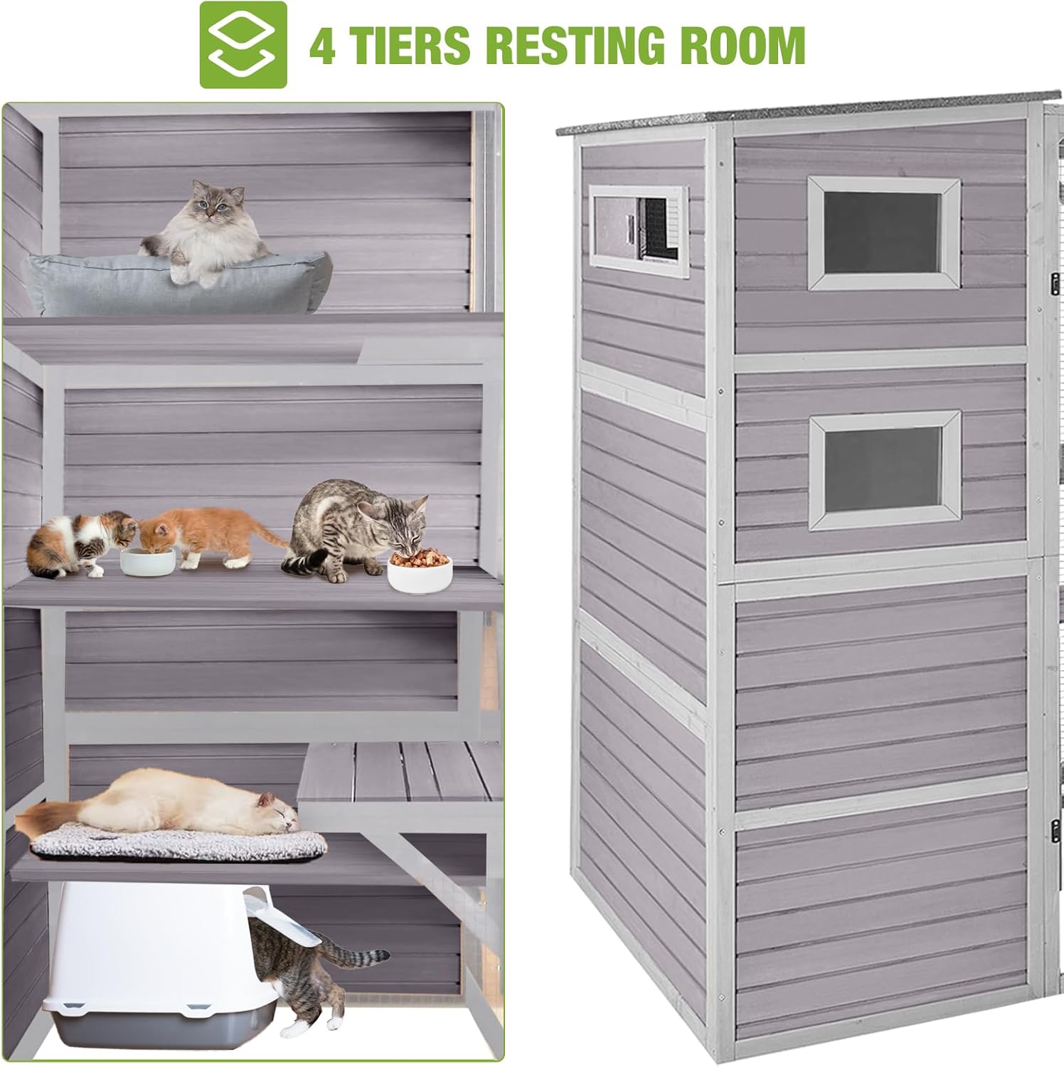 GUTINNEEN Catio Outdoor Cat Enclosure Large Cat Enclosure 4 Tiers Outdoor Cat House Connectable with Window,Grey,77" L