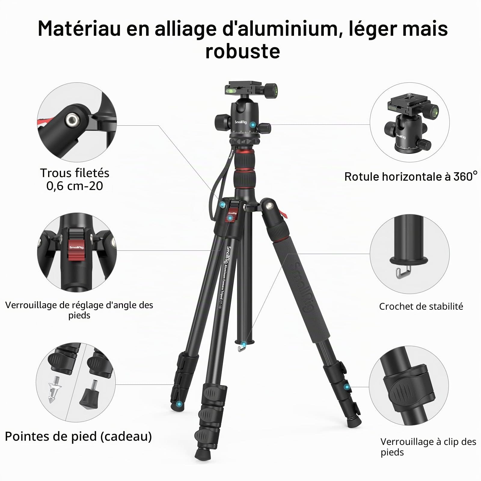 SMALLRIG Trépied Monopode pour Appareil Photo, 72" 182cm Trépied en Aluminium Léger et Portable, Rotule Panoramique à 360° Plaque à Dégagement Rapide, Charge Max 15kg, Réglable de 17" à 72" - 3935