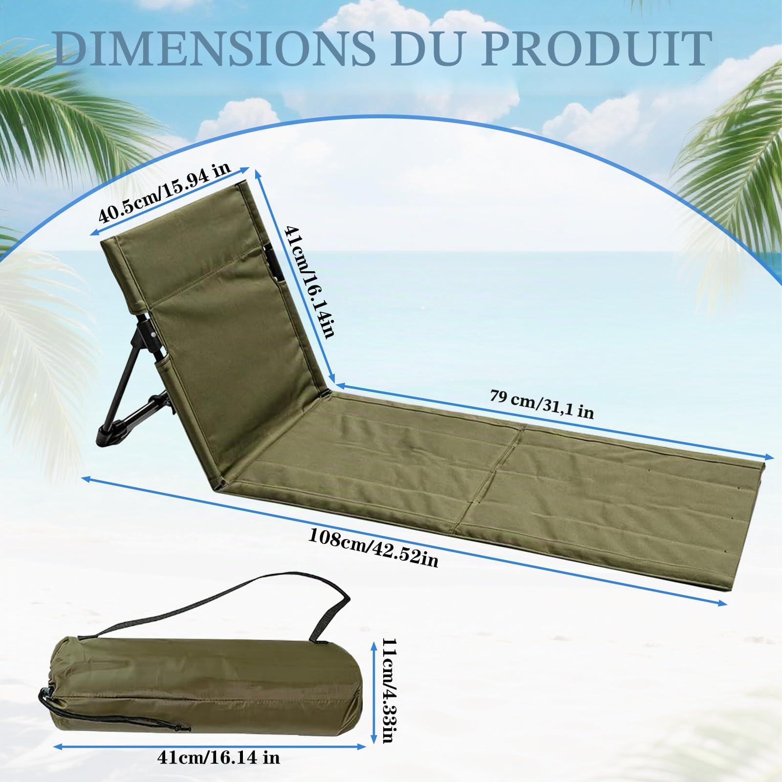Tapis de Plage avec Dossier, Chaise de Plage avec Sac de Rangement, Transat Plage, Siege de Plage Pliable Portable Leger, Chaise de Sol Pliable pour Le Camping, Les Voyages (Vert Militaire 2, Long)