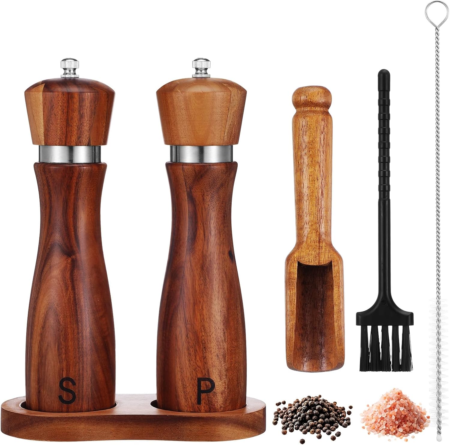 2Pcs Wooden Salt and Pepper Grinder Set, Manual Pepper Grinder with Ceramic Core, Adjustable Coarseness, Along with Salt&Pepper Mill Tray, Spoon (8.7 Inch)