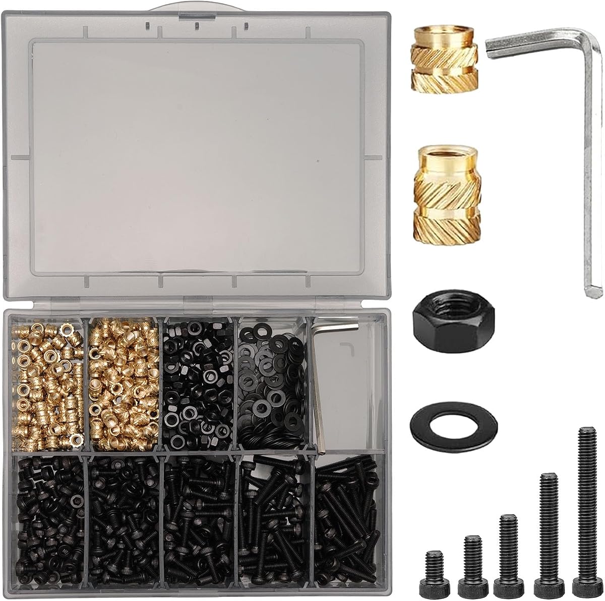 Kit surtido de insertos roscados M3 de 630 piezas – Insertos termofijados, tuercas hexagonales, arandelas, tornillos de cabeza hueca – Sujetadores M3 para impresión 3D, compatibles con PLA/ABS, organizados en caja de plástico