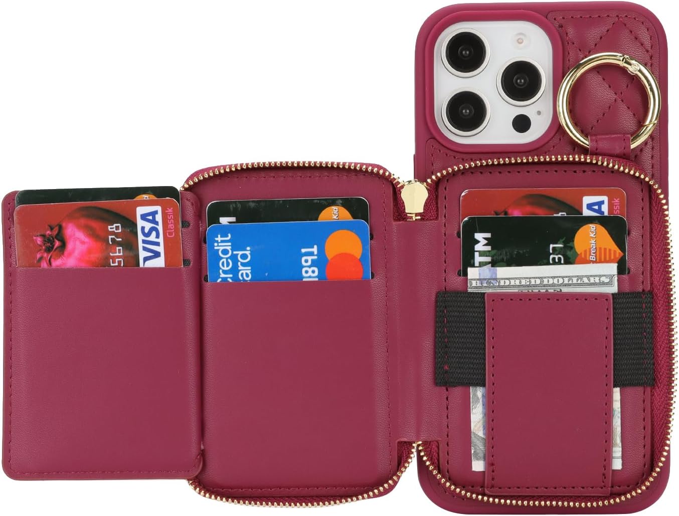 for iPhone 14 pro max Case Wallet with Card Holder,for iPhone 14 pro max Phone case Wallet with Zipper with Slot Kickstand Stand Case for Women and Man 5G 6.7 Inch-Dark red