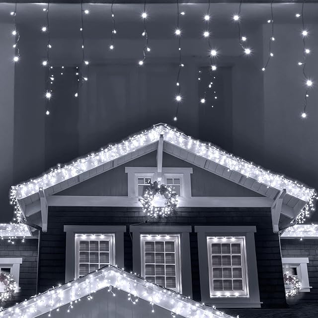 ANSIO® Outdoor Christmas Lights 320 LED 11m/35ft Icicle Lights Outdoor & Indoor Cool White Decorations String Fairy Outside Lights with Timer for Xmas Garden Bedroom & Party|Mains Powered Green Cable
