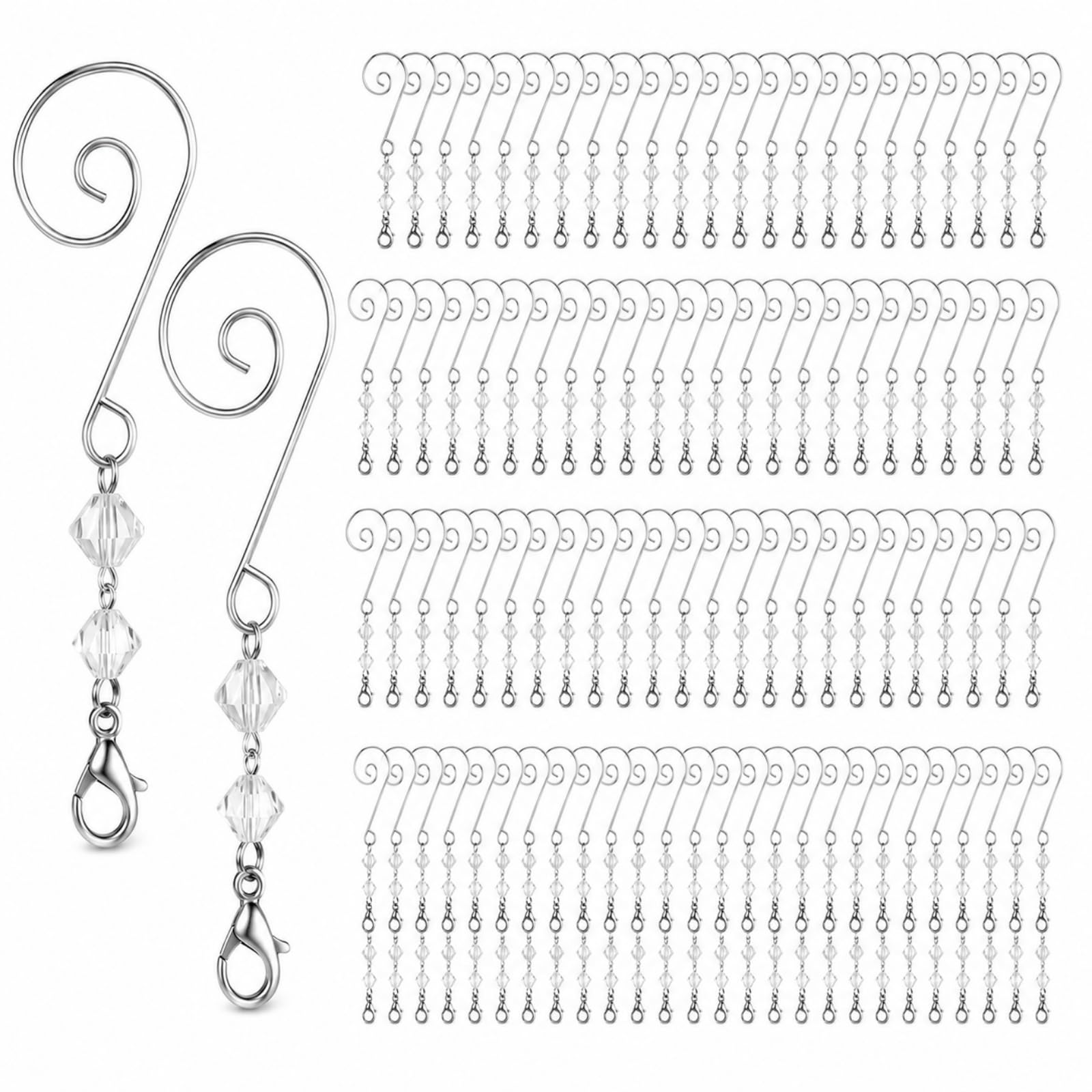 Bucherry 200 ganchos para adornos de árbol, ganchos decorativos de alambre acrílico transparente en forma de S con garras de langosta para colgar, alambre de metal, remolino de cristal para