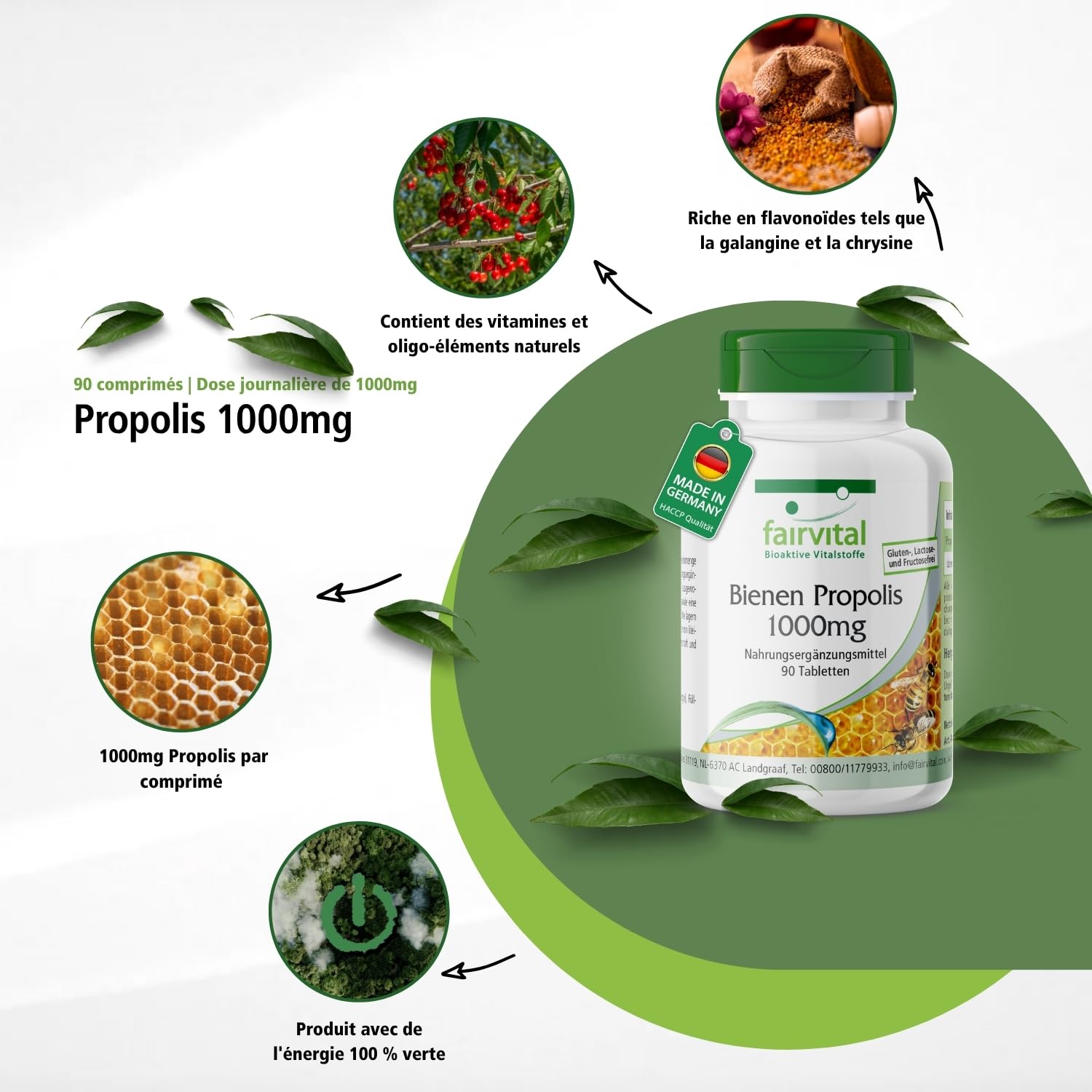 fairvital Propolis d'abeille 1000mg, extrait naturel de résine d'abeille, avec 3% de galangine, HAUTEMENT DOSÉ, 90 comprimés