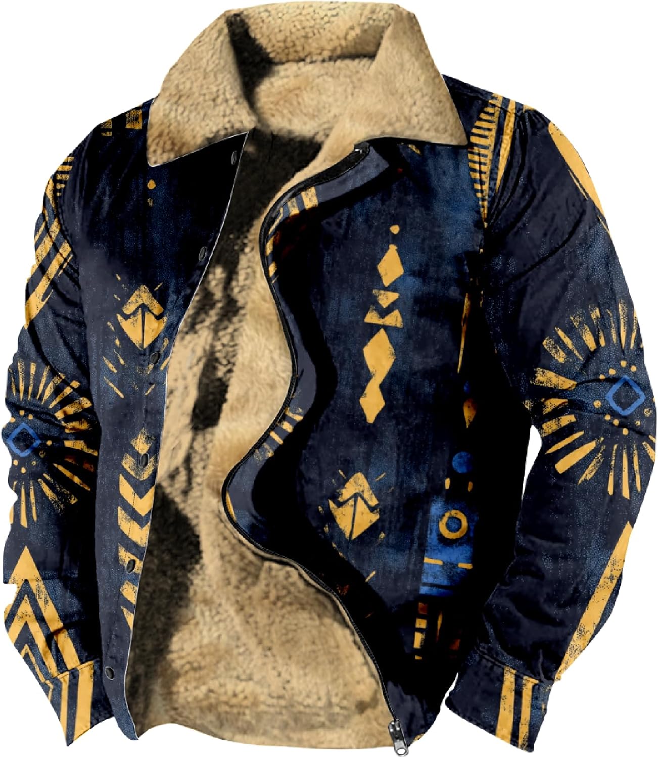 Actec Western Cowboy Jackets for Men Ethnic Print Long Sleeve Zip Up Sherpa Fleece Vintage Winter Outdoor Coat - Image 3
