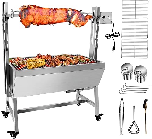 Vista 10 de Parrilla de asador de acero inoxidable con protector trasero, motor de 25 W, pequeño asador para cerdo y cordero, parrilla de carbón de 37'' 2 en 1