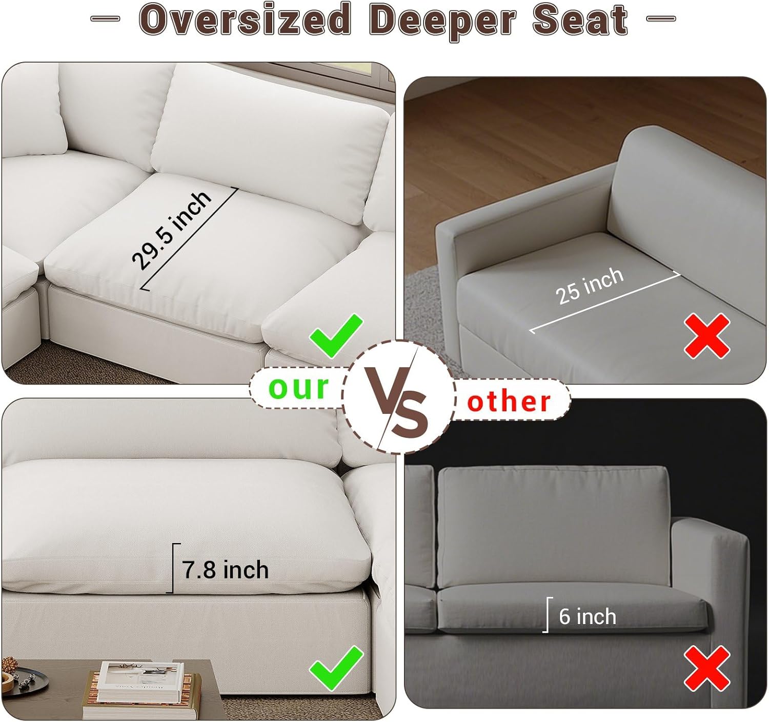 Cloud Modular Sectional Sofa,143" Down Filled Sofa 4 Seat with Chaise,Minimalist Sofa Cover Washable and Replaceable Couches for Living Room,Sectional Sofa Deep Seat White
