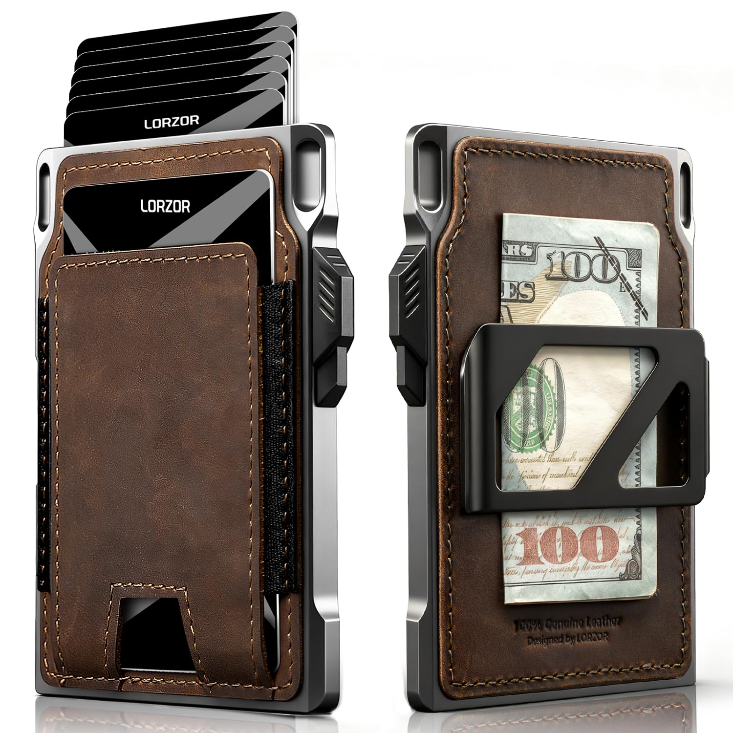 LORZOR Slim Tactical Wallet for Men- Minimalist Front Pocket Full Grain Leather Wallet for 10 Cards RFID Blocking