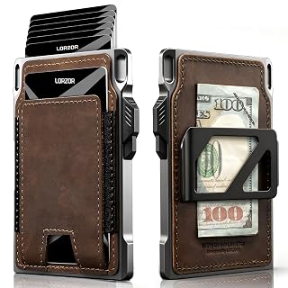 LORZOR Slim Tactical Wallet for Men- Minimalist Front Pocket Full Grain Leather Wallet for 12 Cards, RFID Blocking Aluminum Cardholder, Smart Pop Up Card Case, Money Clip, Gift Boxed(DistressBrown) - Amazon product rated Grade A