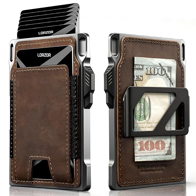 LORZOR Slim Tactical Wallet for Men- Minimalist Front Pocket Full Grain Leather Wallet for 10 Cards RFID Blocking