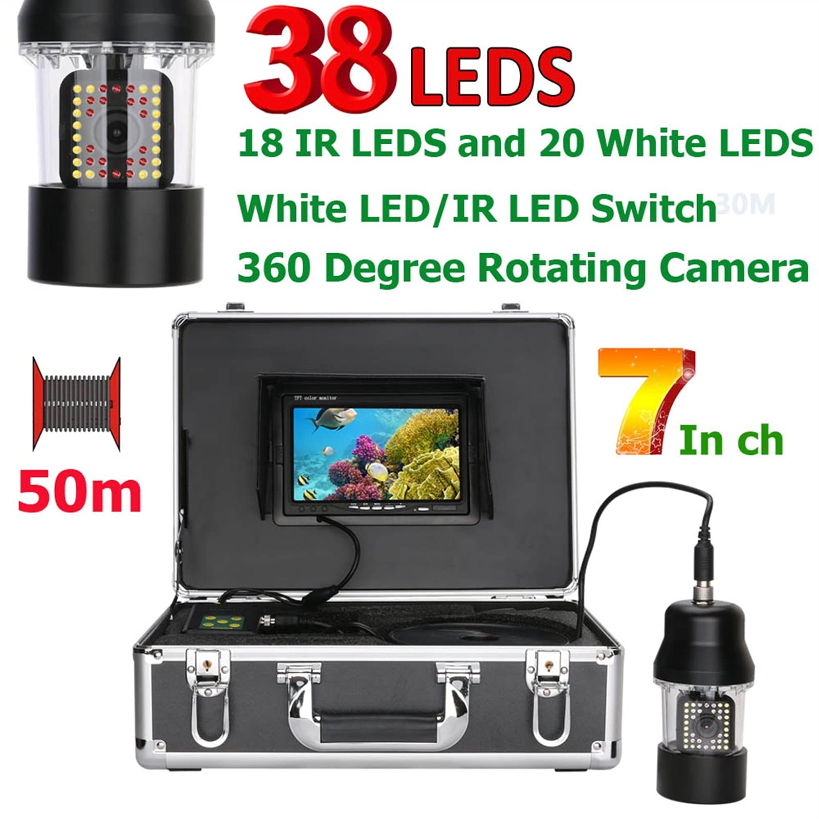 7-Zoll-Unterwasser-Fischerei-Videokamera-Fischfinder 38 LE. DS 360 Grad rotierende Kamera 20m 50m 100m Multifunktion(38 LEDs 20M Cable)