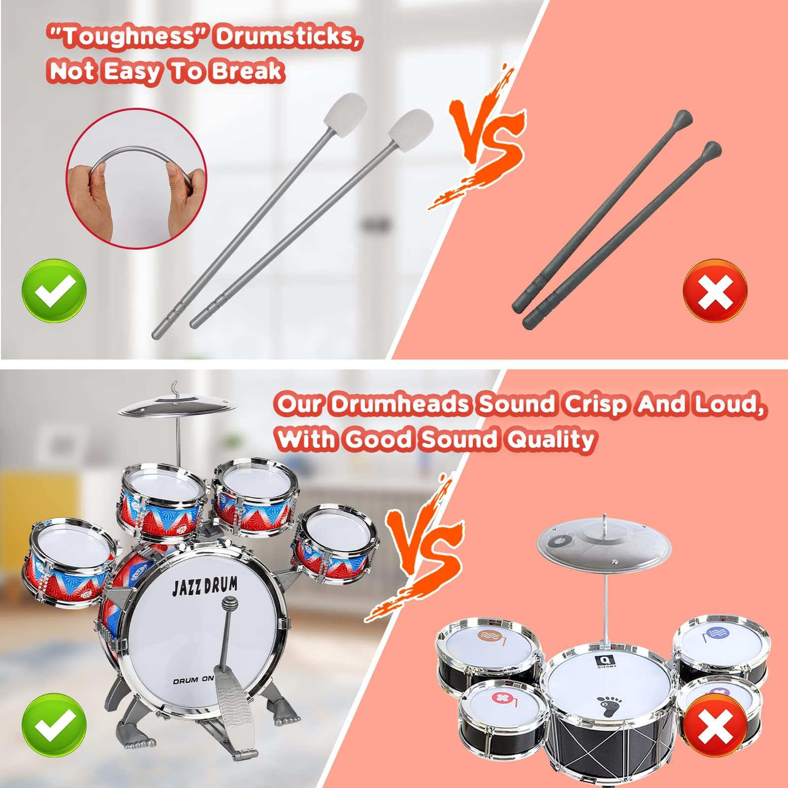 Batterie Enfant, Instruments Tambours Enfant, 5 Tambours Kit De Batterie Pour Enfants, Avec Tabouret Percussion, Musique Tambour Jazz Rock Drum Set, Anniversaire PréCoce Cadeau Noël 1 2 3 4 5 6+ Ans