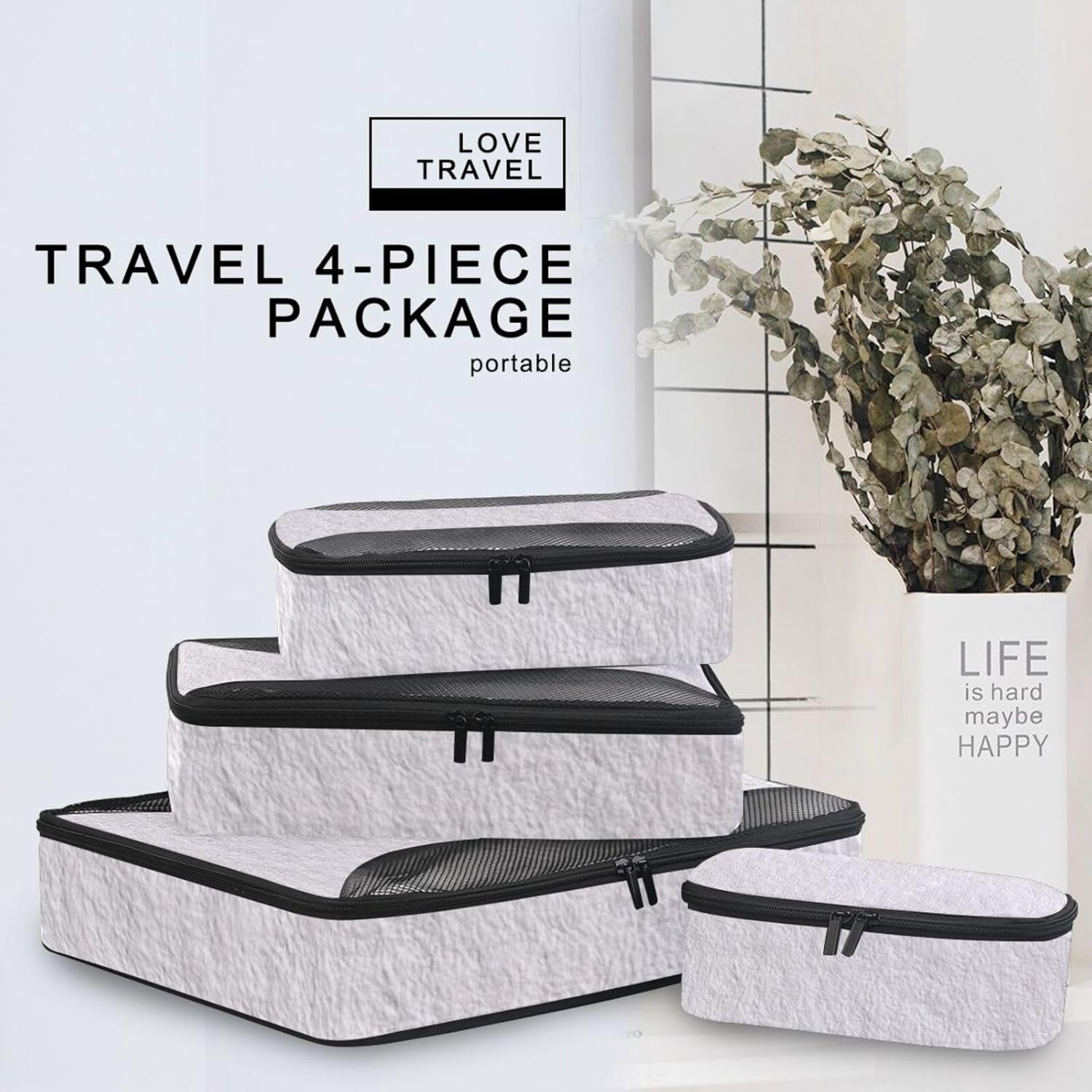 Light Grey Linen Texture 4 Pcs set organizers and storage Mesh Travel Essentials expandable packing cubes