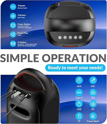 Miniatura 5 de Altavoces Bluetooth inalámbricos sonido fuerte de 120 dB, 8 luces LED dinámicas, 5 modos RGB, Bluetooth 5.3, entrada TWSUSBTFAUXFMMic, mango