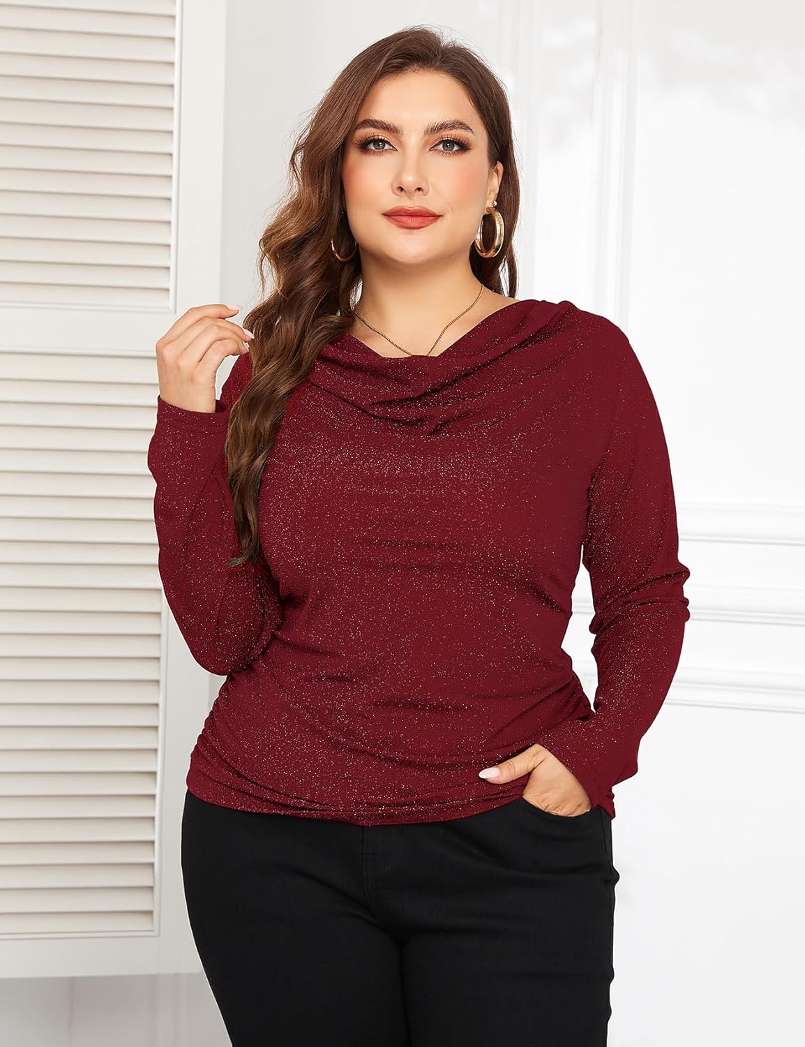 ZOMVA Women's Plus Size Sparkly Cowl Neck Shirt - Image 5