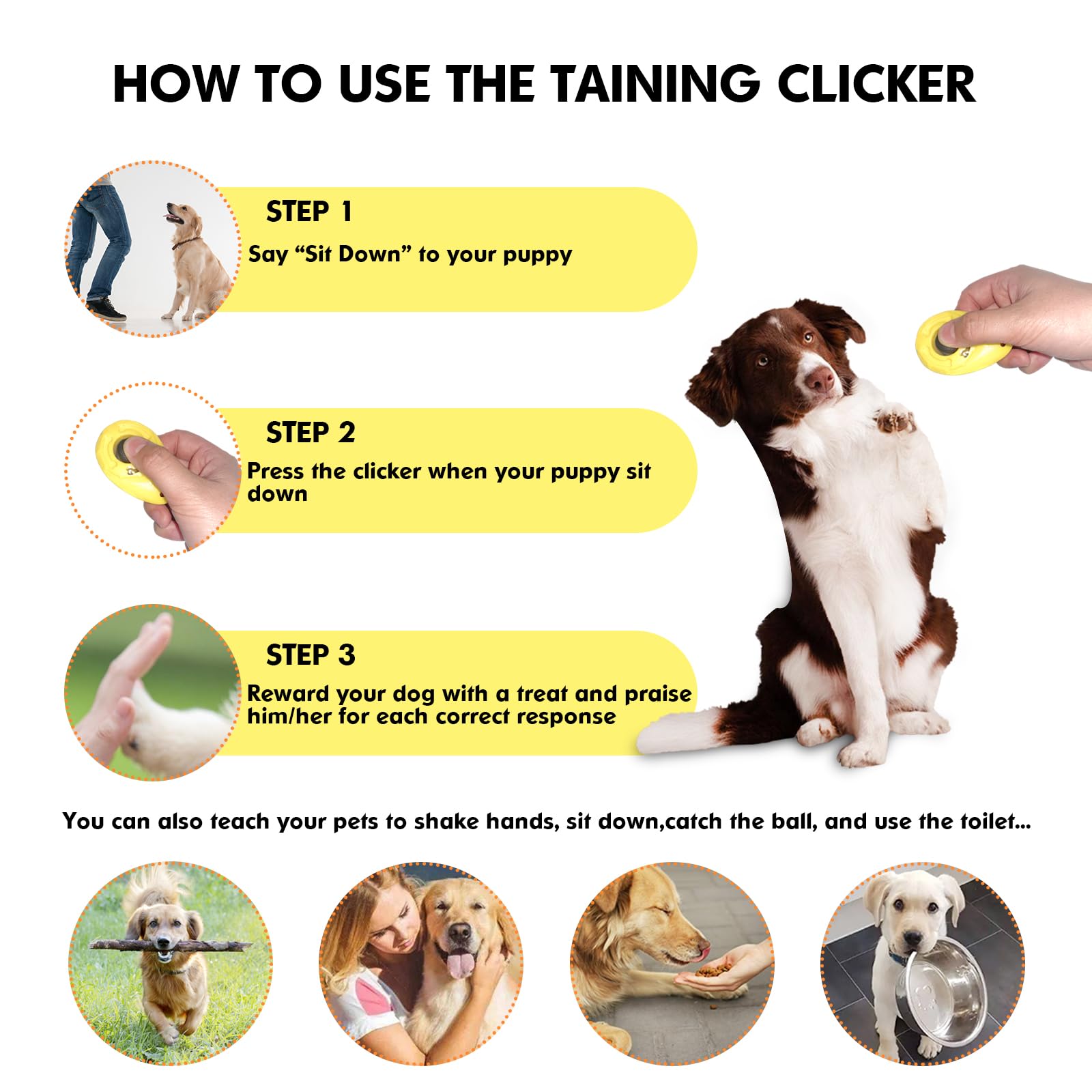 BONSO Clicker de entrenamiento para perros con correa de muñeca ajustable, refuerzo positivo para entrenamiento de mascotas, para perros, gatos y cachorros (amarillo)