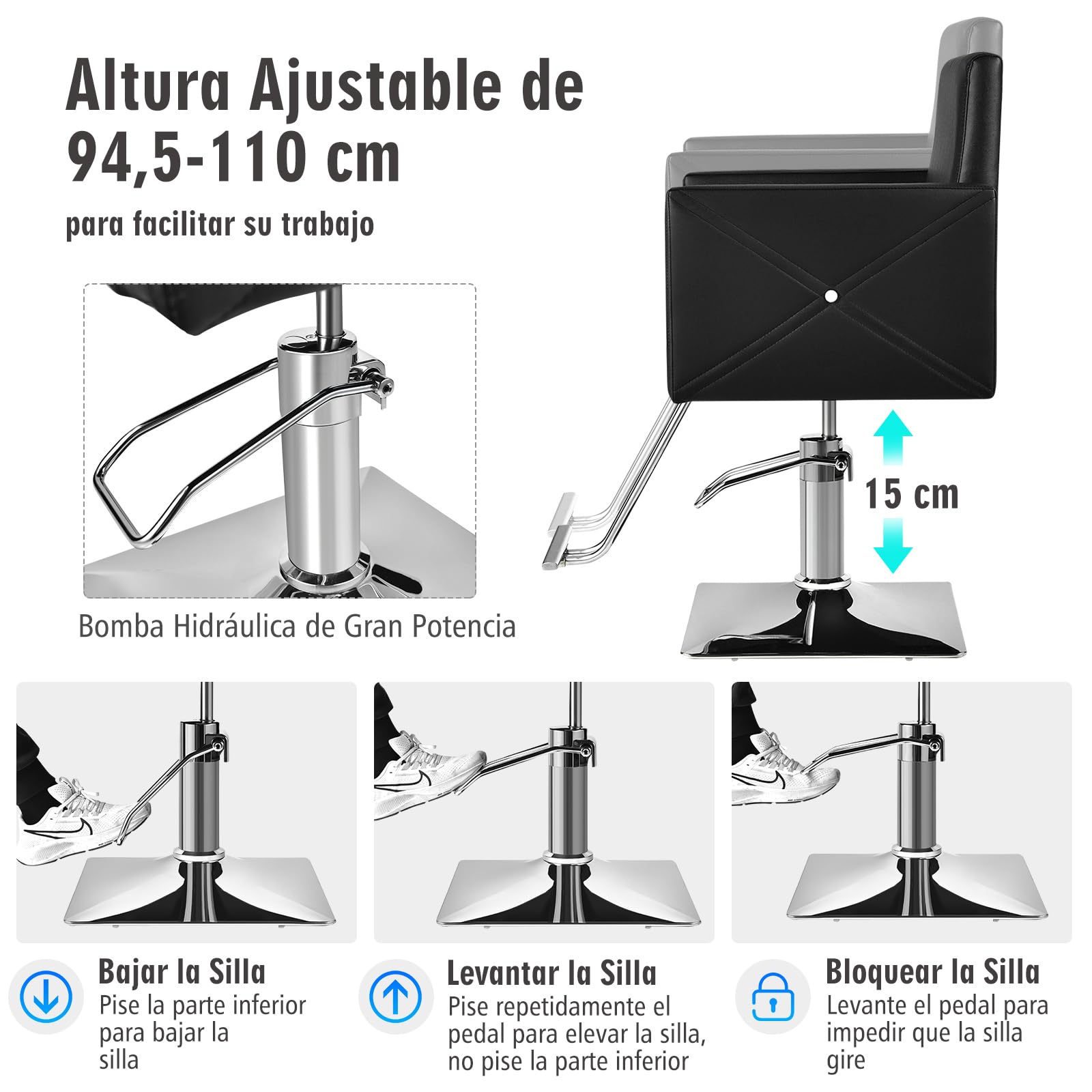 GOPLUS Silla de Salón para Estilistas, Silla de Barbero Multiusos con Bomba Hidráulica, Giro de 360°, Equipamiento para SPA de Belleza para Mujeres y Hombres, Capacidad de Peso hasta 150 kg, Negra