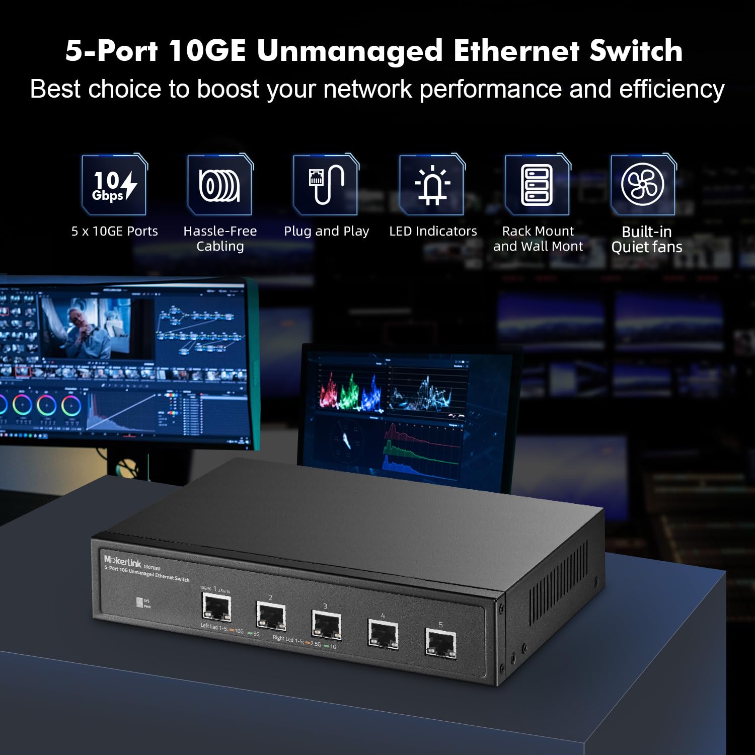MokerLink - Conmutador Ethernet no administrado de 5 puertos 10G, 10G/5G/2.5G/1G autoadaptativo, plug and play, de metal para escritorio|montaje en rack