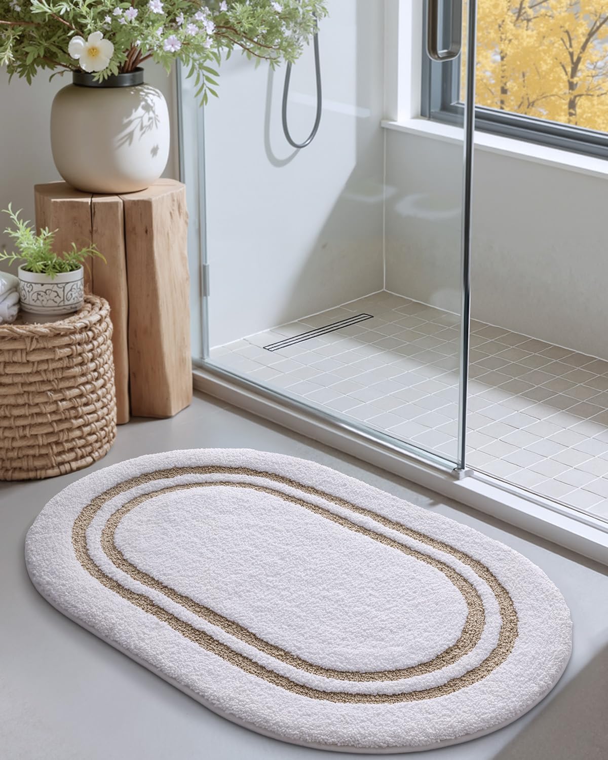 DEXI Tappeto da bagno antiscivolo, lavabile, assorbente, in morbida microfibra, tappeto da bagno ovale per pavimento del bagno, doccia, WC, lavandino, 61 x 91,4 cm, beige