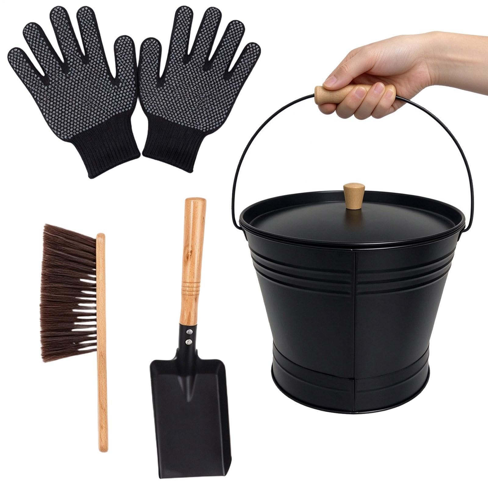 Ascheeimer mit Deckel 10 L Schaufel Handbesen Handschuhe Inklusive