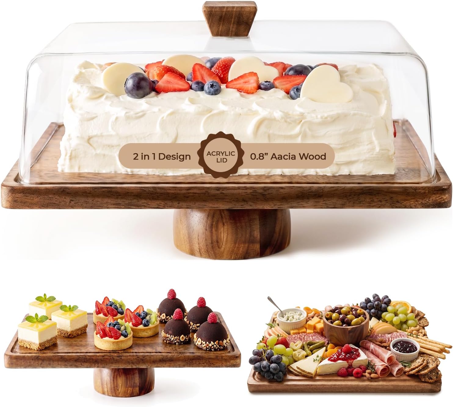 Acacia Wood Cake Stand with Lid, 0.8-Inch Thick, 2-in-1 Design | Thick Wood Base with Magnetic Bowl, Shatterproof Acrylic Cover, Flips into Charcuterie Tray, Fits Desserts and Parties