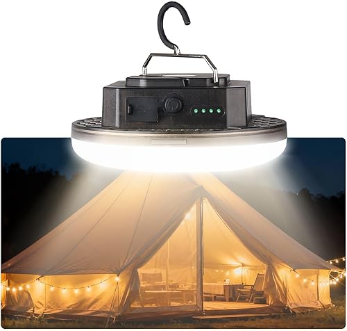 Miniatura 1 de Linterna LED para campamento, recargable USB-C de 5000 mAh 20 horas de funcionamiento, 4 modos con SOS, IPX5 impermeable, base magnética y gancho