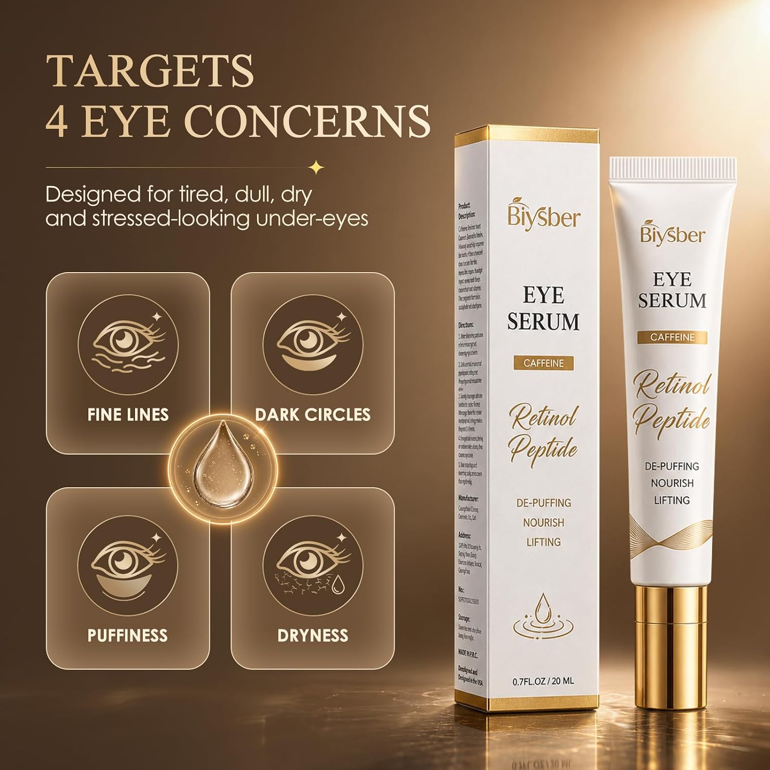 Under Eye Serum for Dark Circles & Puffiness : Caffeine Retinol Peptide Eye Serum for Fine Lines and Wrinkles, Hydrating Daily Eye Care for Women & Men, 0.7 fl oz